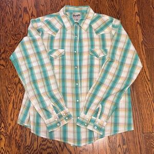 WranglerTeal and White Plaid Pearl Snap Western Shirt Girls Size: Large 10/12